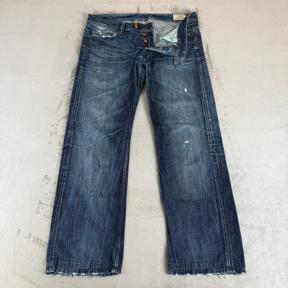 Diesel Viker-R-Box Jeans Mens 34x30 Blue Distressed Button Fly Straight Italy